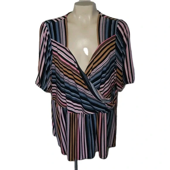 Lane Bryant Blouse Plus Size 22/24 Short Sleeve Multicolor Stripes Wrap‎ Front - Picture 1 of 7